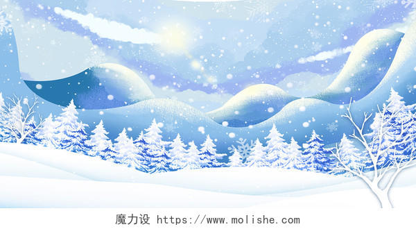 蓝色白色简约大气山峰松树雪花立冬展板背景